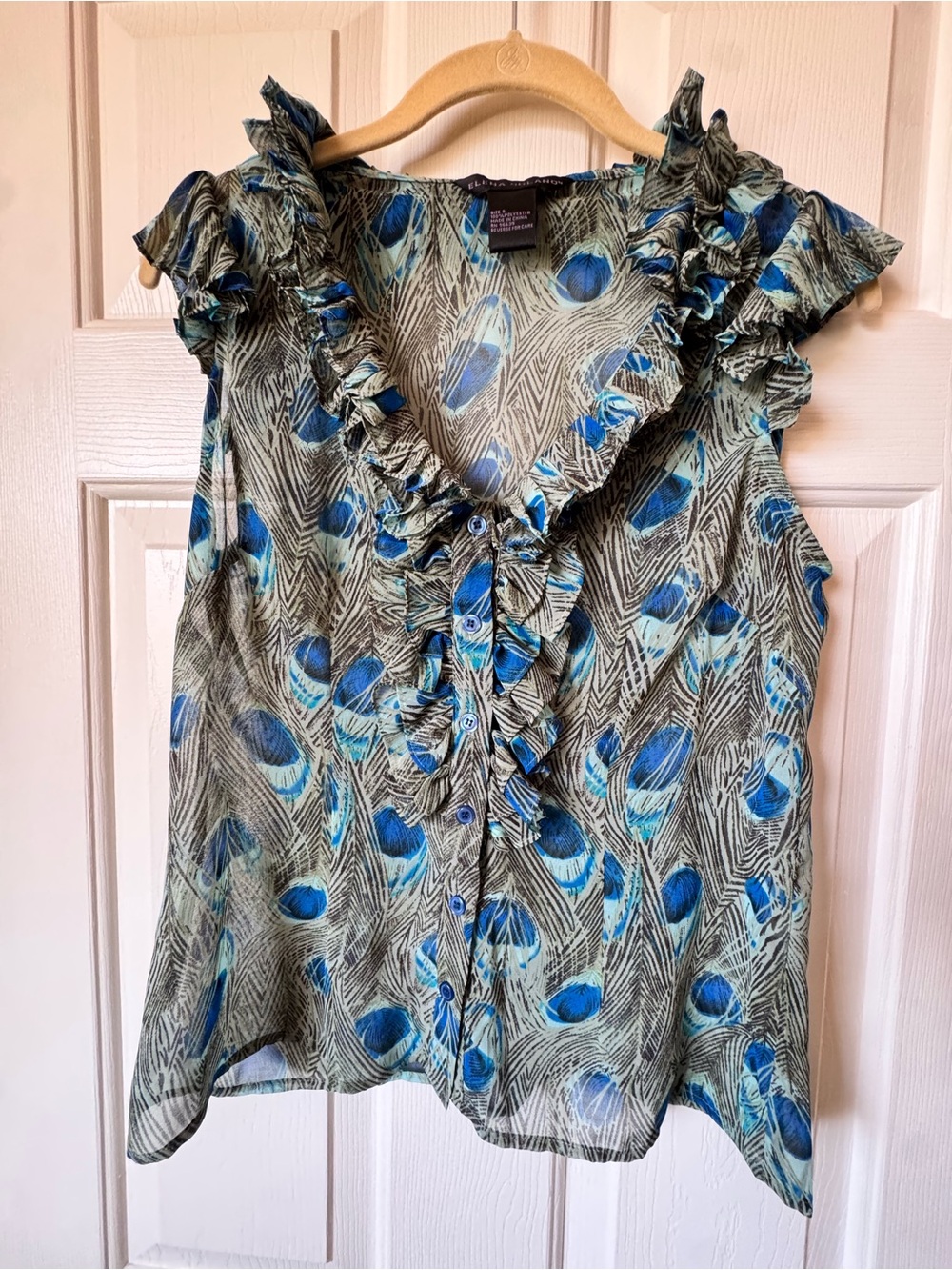Ruffled Peacock-Print Sleeveless Blouse in Blue